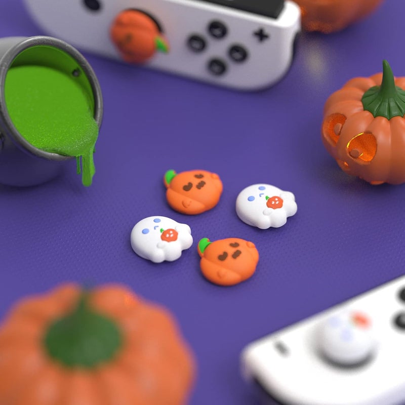 playvital Halloween Joystick Caps for Nintendo Switch, Thumbstick Grips for Switch Lite, Analog Cover for OLED Joycon Thumb Grip Caps - Spooky Ghost with Pumpkin - Image 3